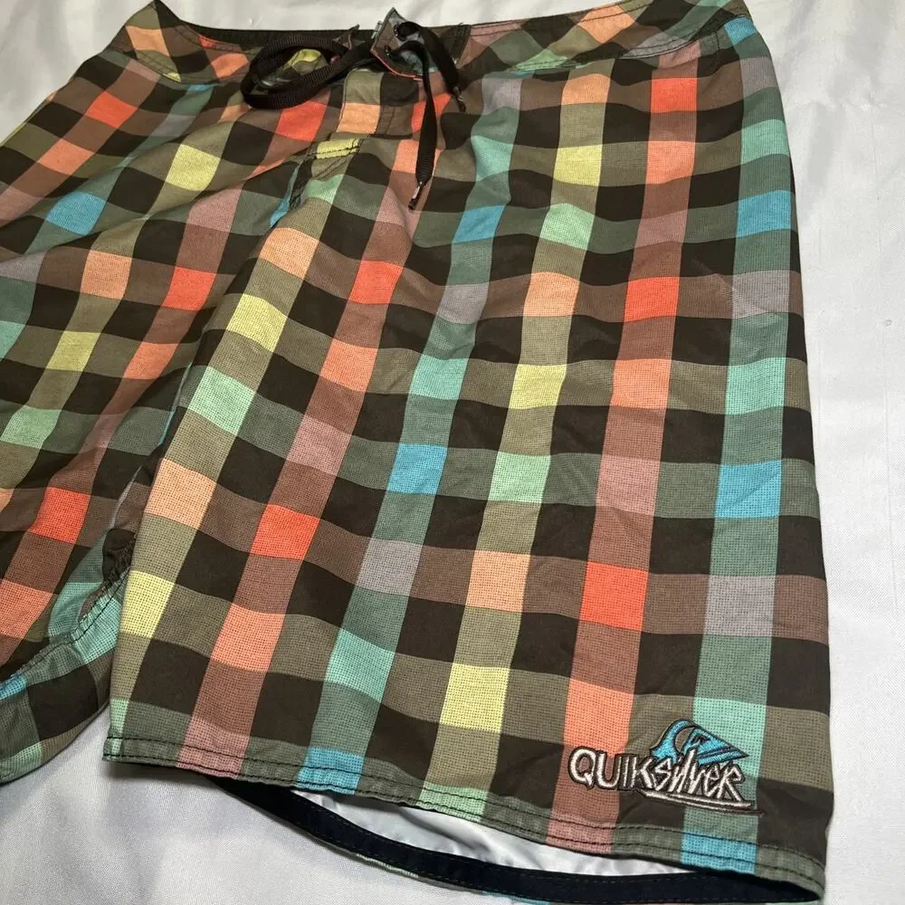 Quiksilver Board Shorts Sz 34 Vintage Retro Style Checker Plaid Brown Blue Swim
